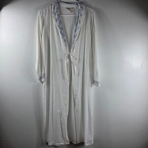 Gilligan OMalley White Blue‎ Floral Embroidered Cotton Long Robe Kimono L Gown S
